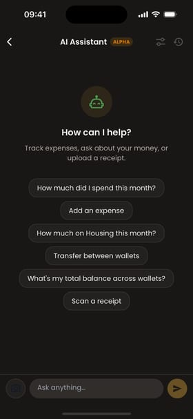 Moongen AI assistant screen with suggested prompts: how much did I spend this month, add an expense, how much on Housing this month, transfer between wallets, what's my total balance across wallets, scan a receipt.