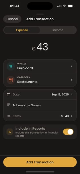 Moongen draft from a scanned receipt: expense of 43 euros, Euro card wallet, Restaurants, 13 September 2026, Taberna Los Gomez, 5 items, Add Transaction button.