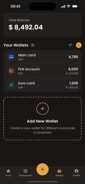 Moongen wallets screen: total balance $8,492.04; Main card 4,785 USD; PLN account 9,000 PLN, shown as $2,341.68; Euro card 1,200 EUR, shown as $1,365.36.