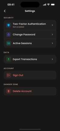 Moongen settings screen: security section with two-factor authentication (not enabled), change password and active sessions; data section with export transactions; account section with sign out and delete account.