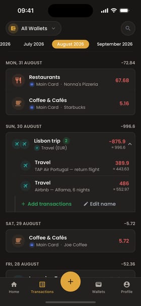 Moongen transaction groups screen: a 'Lisbon trip' group totalling -875.9 EUR, expanded into a TAP Air Portugal return flight (389.9) and an Airbnb stay in Alfama, 6 nights (486).