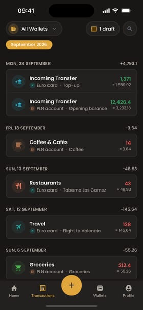 Moongen transactions screen for September 2026, grouped by day: Restaurants, Taberna Los Gomez, Euro card, 43, on 13 September, alongside a flight to Valencia and groceries earlier in the month.